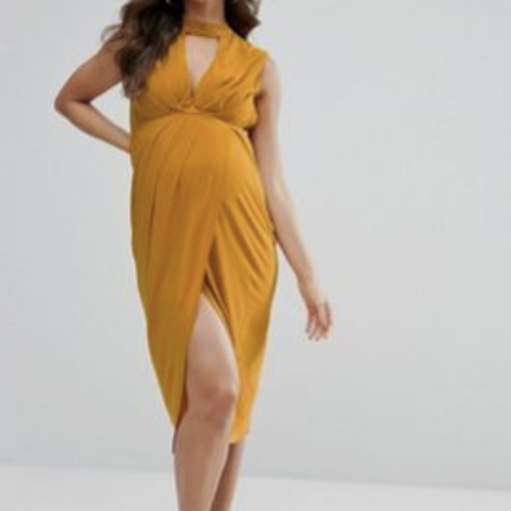 asos orange maternity dress ASOS DESIGN Maternity cowl neck pencil midi dress in burnt orange